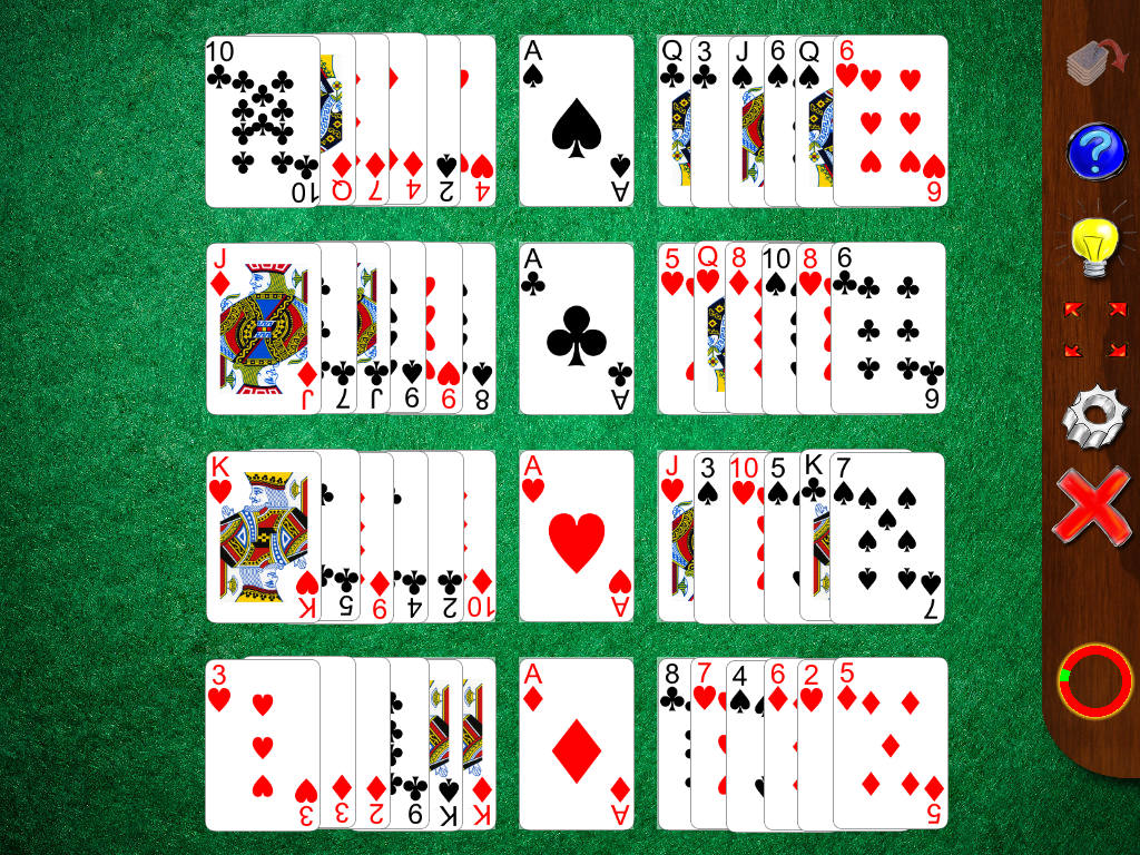 Distribución de las cartas en el juego Agnes (Solitaire Whizz para iPad)